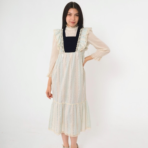 Vintage Prairie Dress 70s Blue Floral Striped Lace Ruffle Bib Velvet Bodice Cottagecore Midi 1970s High Neck Sheer Sleeve Tiered 2xs/xxs