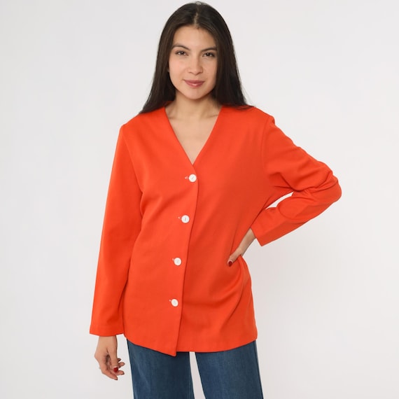 Vintage 70s Orange Mod Top Button Up Shirt Polyester Blouse Disco 1970s V Neck Vintage Long Sleeve Retro Hipster Plain Medium