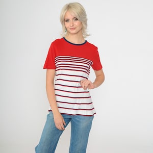 Vintage 80s Red White Striped Shirt Short Sleeve Navy Ribbed Ringer Neck Soft Knit Top Retro 1980s Lightweight T-Shirt Aileen USA Medium M