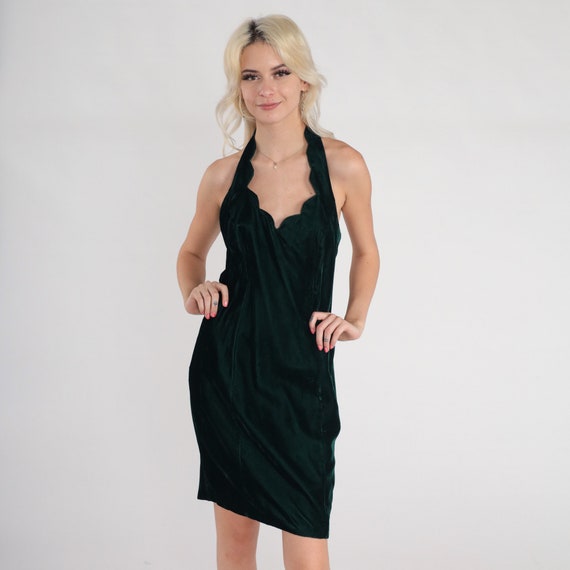 Dark Green Velvet Dress 90s Party Dress Scalloped Halter Neck Mini Dress Retro Open Back Party Cocktail Evening Formal Vintage 1990s Small S