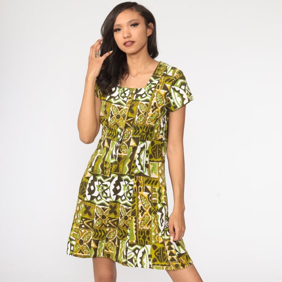 70s Mini Dress Mod GEOMETRIC Print Green Tribal 6… - image 3