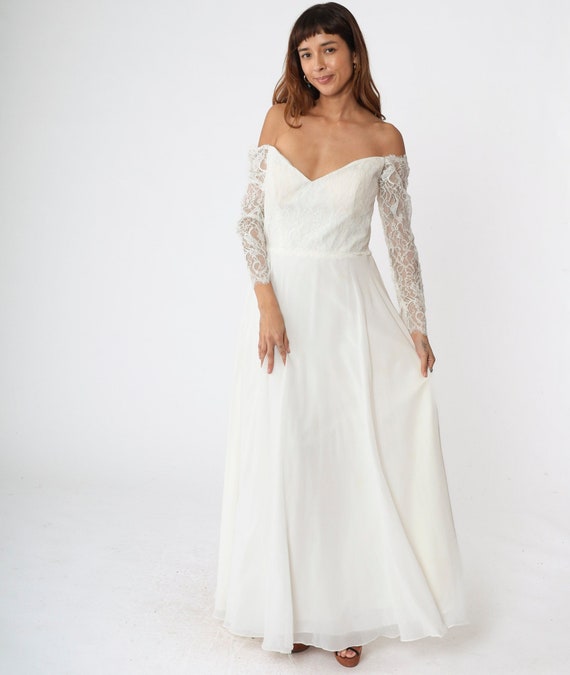 Vintage Christina Wu Wedding Dress Y2K Off Shoulder Chiffon Lace Bridal Gown Sweetheart Neckline Maxi Princess Long sleeve 00s Large 14