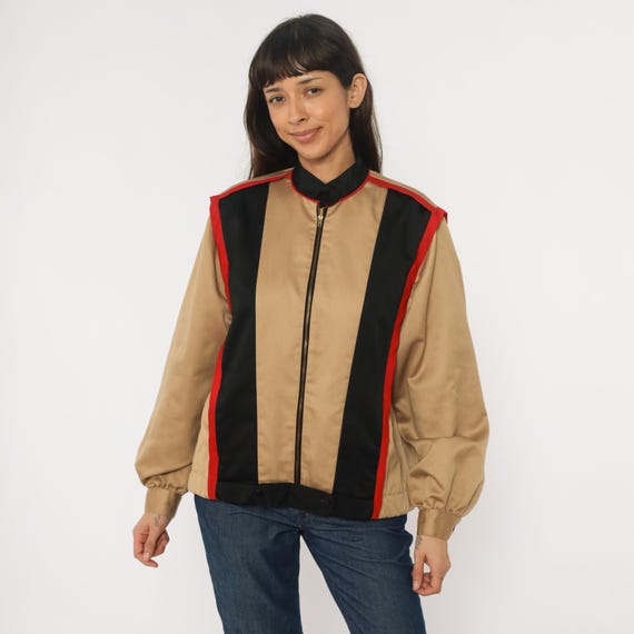 80s Tan Windbreaker Bomber Jacket Black Red Vintage Track Zip Front Raglan Sleeves Elastic Cuffs Athletic Sporty Revival Khaki Medium M