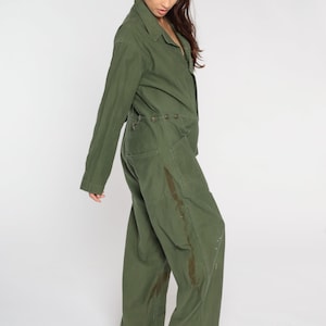 Army Coveralls 80s Distressed Flight Suit Military Jumpsuit Button Up Onesie Long Sleeve Boiler Suit Olive Green Vintage 1980s Mens Large image 4