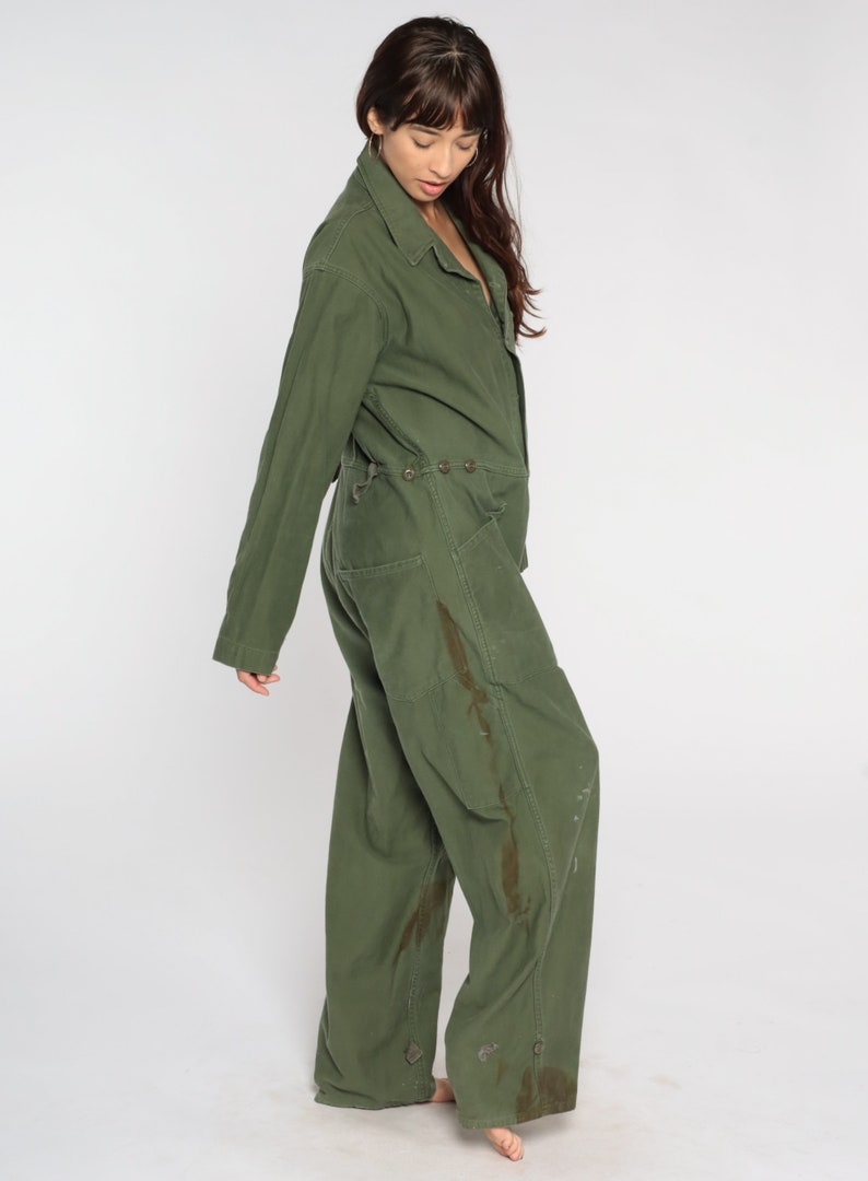 Army Coveralls 80s Distressed Flight Suit Military Jumpsuit Button Up Onesie Long Sleeve Boiler Suit Olive Green Vintage 1980s Mens Large image 4