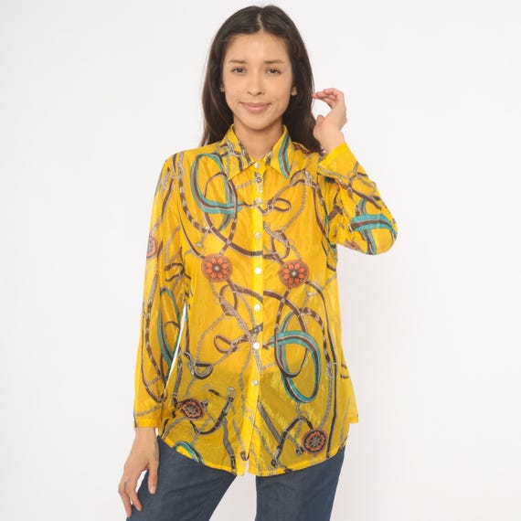 Chain Baroque Shirt Belt Print Blouse Mustard Gold Yellow Long Sleeve Sheer Equestrian Teal Brown Summer Vacation Night Out Womens Large L