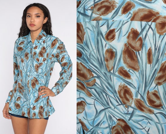 70s Floral Shirt Blue Boho Shirt Dagger Collar Disco Shirt Button Up Bohemian Blouse 1970s Hippie Vintage Long Sleeve Men's Medium