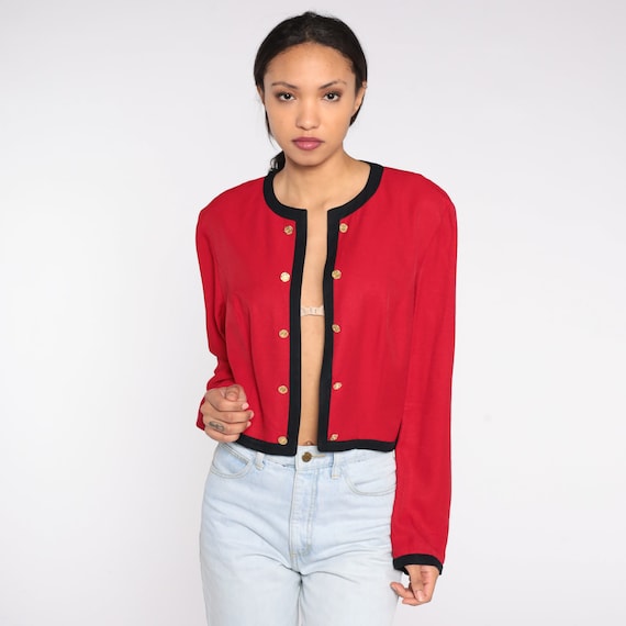 Red Cropped Jacket 90s Bolero Jacket Retro Open Front Blazer Hippie Boho Military Inspired Jacket Crop Coat Preppy Vintage 1990s Small
