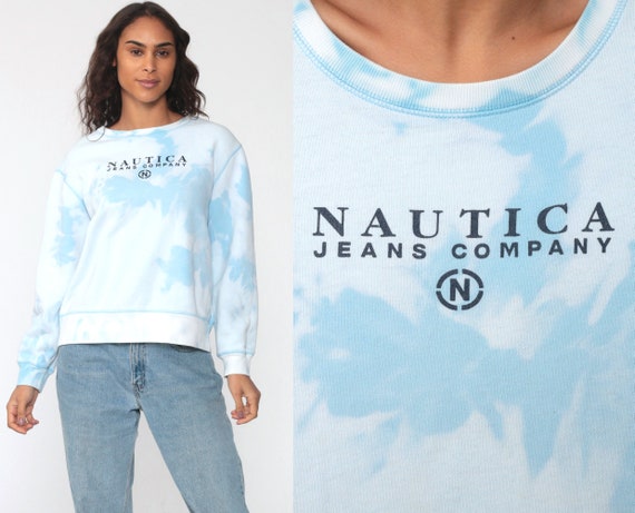 90s Nautica Sweatshirt Tie Dye Crewneck Pullover Sports Jumper 1990s Streetwear Shirt Y2K Slouch Blue Vintage Extra Large xl