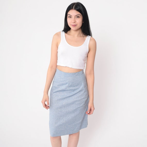 70s Pencil Skirt Flecked Light Blue High Waisted Midi Skirt Preppy Wiggle Retro Secretary Straight Office Skirt Vintage 1970s Extra Small xs
