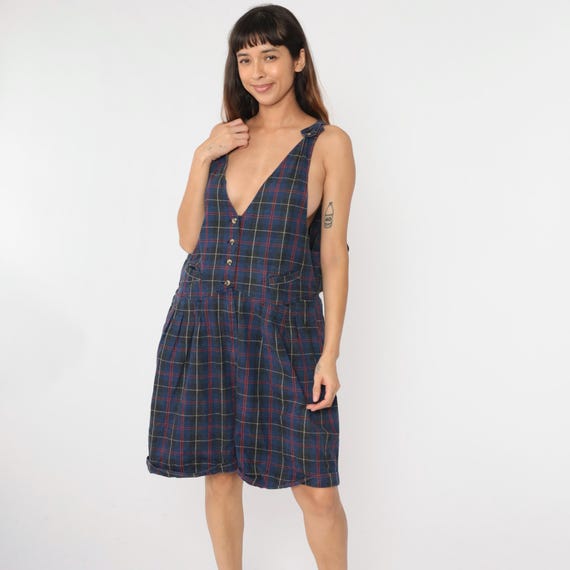 90s Plaid Romper Playsuit Charcoal Blue Checkered One Piece 1990s Button Up Deep V Neck Sleeveless Preppy Dark Academia Outfit 26W/40