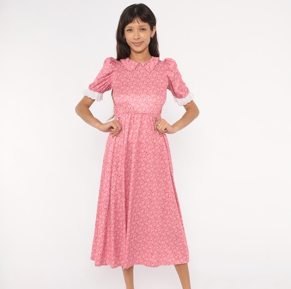 Y2K Pink Floral Prairie Dress Puff Sleeve Midi Eyelet Lace Trim Cottagecore Peter Pan Collar Rose Print  Blush Feminine Garden Party Small S