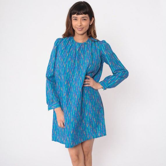 Broken Stripe Mini Dress 80s Blue Shift Dress Long Puff Sleeve Dress Vintage Bright Rainbow Gathered Crewneck A-Line 1980s Oversized Small 6