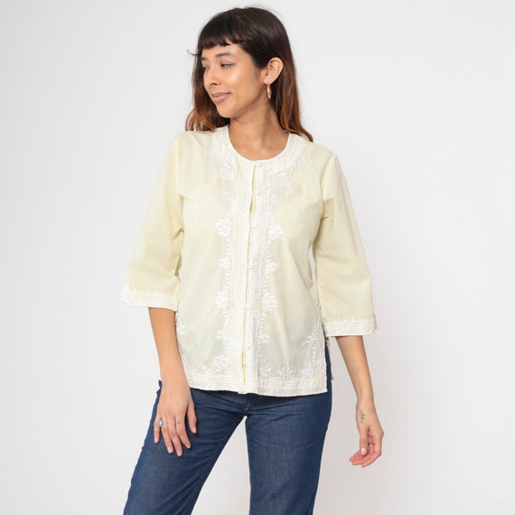 90s Yellow Embroidered Top Filipino Floral Blouse Hippie Shirt Boho Button Up Tunic Top Vintage Bohemian 3/4 Sleeve Philippines Medium 8