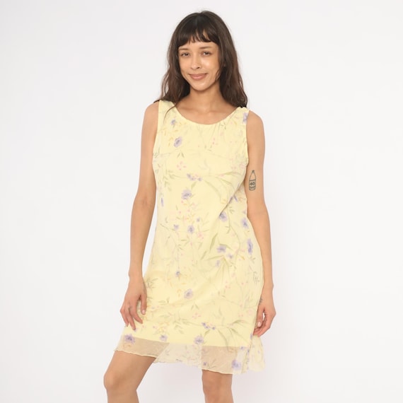 90s Floral Chiffon Dress Yellow Lavender Sleeveless Scoop Neck A Line Sheer Hem Ruffle Fairy Garden Party Slip Sundress City Triangles Small