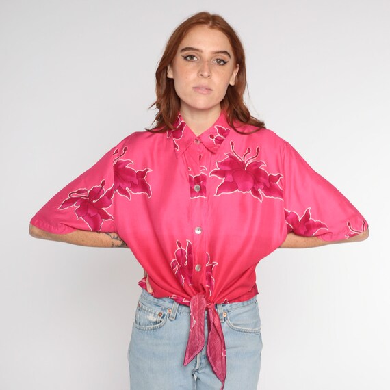 Pink Floral Blouse 90s Ombre Tie Front Top Boho Retro Tropical Button Up Shirt Short Sleeve Collared Gradient Vintage 1990s Medium Large