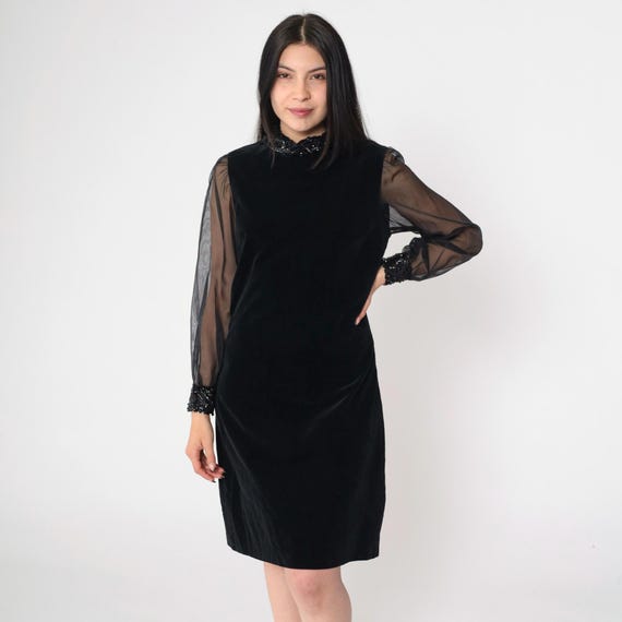 Vintage Velvet Mini Dress 60s Black Mod Party Dress Sheer Chiffon Sleeve Sequin Cocktail Shift 1960s Formal Gothic Evening Small S