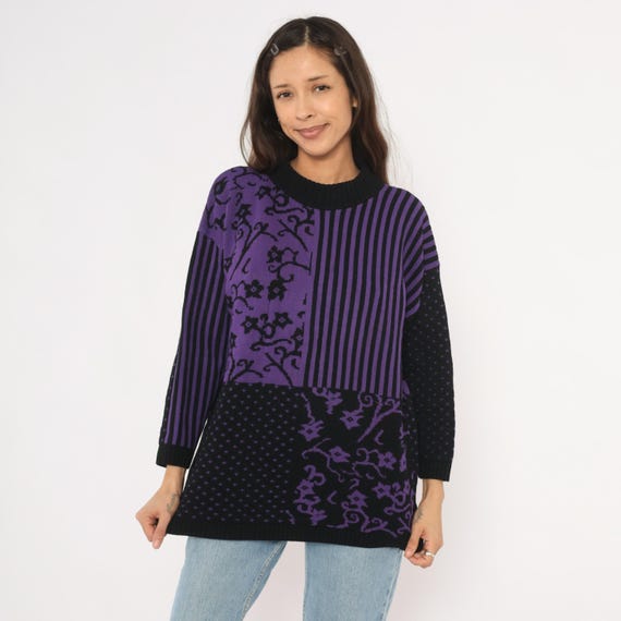 Purple Patchwork Sweater 80s Black Floral Knit Striped Polka Dot Tunic Pullover Violet Grape Baroque Jacquard Winter Layering Top Medium M