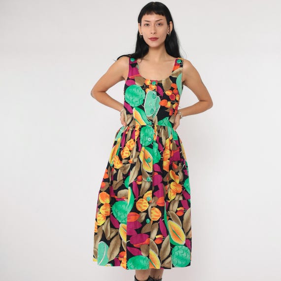 Vintage Tropical Fruit Dress 80s Button up Midi Dress Bright Green Magenta Scoop Neck High Waisted Sleeveless Sundress 1980s Extra Small xs