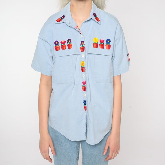 Flower Pot Shirt 90s Floral Chambray Button Up Sh… - image 7