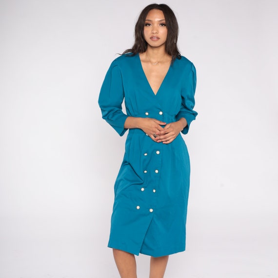Blue Button Up Dress 80s Midi Double Breasted Dress Pleated Secretary 3/4 Puff Sleeve Deep V Neck 1980s Vintage Preppy Shift Medium 10