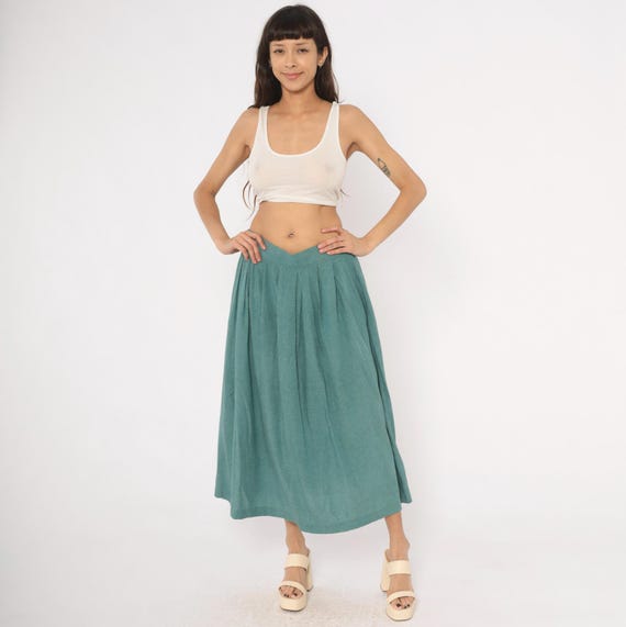 80s Teal Pleated Midi Skirt Blue Green Full Sweep Gathered Waist High Rise Norton Mcnaughton Flowy Cottage Prairie Vintage Womens Medium M