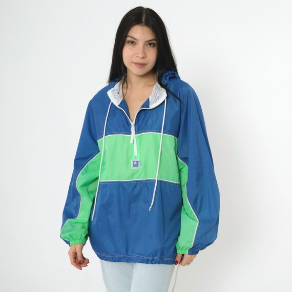 Vintage Color Block Windbreaker 90s Hooded Quarter Zip Up Light Jacket Retro Blue Lime Green Hoodie Sporty Shell Streetwear 1990s Large xl