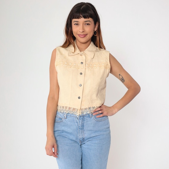 Vintage 90s Cream Floral Jacquard Vest 1990s Western Style Lace Trim Yoke Sleeveless Button Up Top Cropped Shirt Medium M