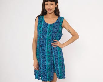 90s Batik Stripe Romper Playsuit Blue Teal Sleeveless Floral Medallion Print Summer Tank Shift Knee Length Navy Turquoise Vintage Large L