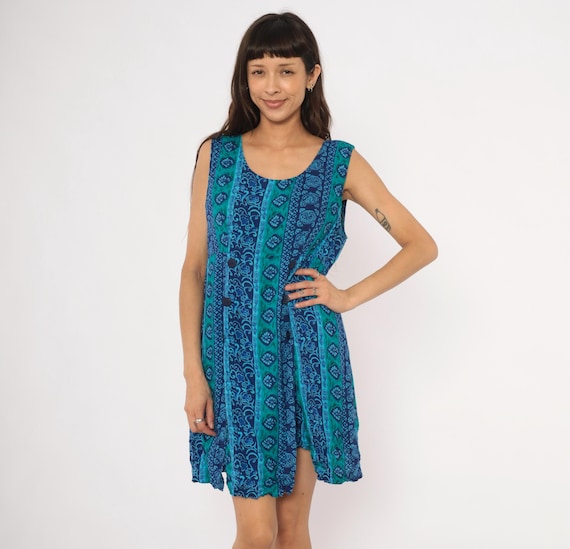 90s Batik Stripe Romper Playsuit Blue Teal Sleeveless Floral Medallion Print Summer Tank Shift Knee Length Navy Turquoise Vintage Large L