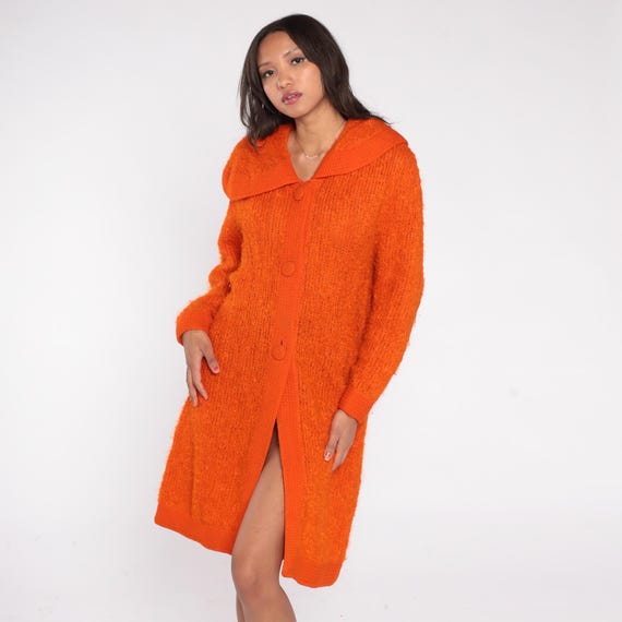 Orange Cardigan Coat 70s Long Sweater Textured Boucle Knit Button Front Vintage Maxi Statement Piece Mur Elen California Fall Small to Large