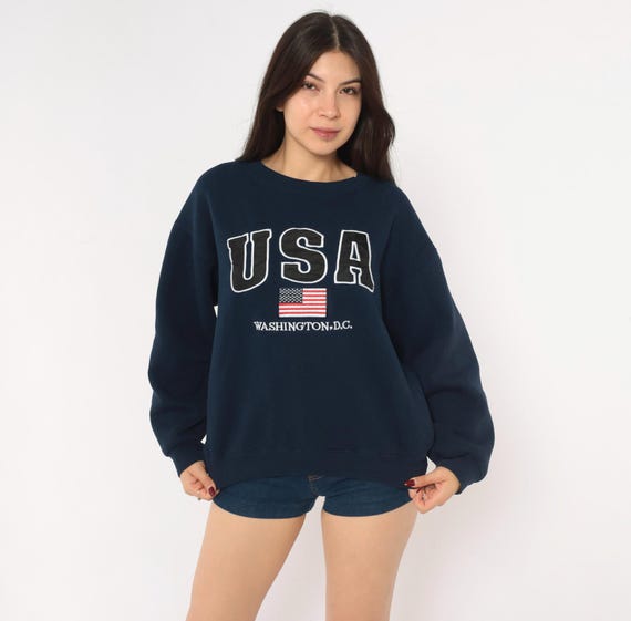 USA Washington DC Embroidered Crewneck Navy Sweatshirt 90s American Flag Patch Pullover Cotton Souvenir Unisex Dark Blue Crew Neck Medium M
