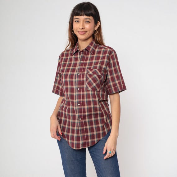 Vintage Plaid Levi's Shirt 80s Burgundy Button Up Short Sleeve Shirt Tan Checkered Levi Top Retro Preppy 1980s Small Medium