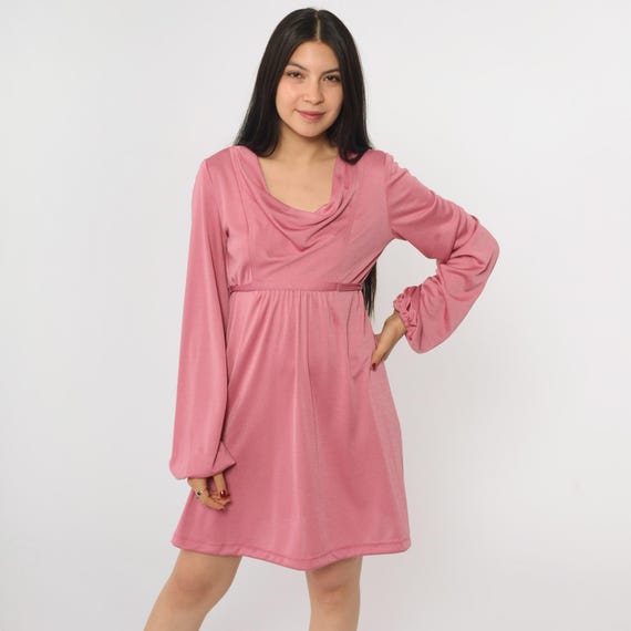 Vintage Pink Cowl Neck Mini Dress 70s Party Mini Boho Babydoll Dress 1970s Hippie Long Balloon Sleeve Grecian Bohemian Hippy Retro Small