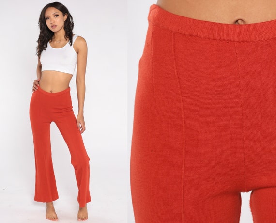 Red-Orange Wool Pants 70s Bell Bottom Trousers Mod High Waisted Flared Hippie Boho Flares Retro Plain Vintage 1970s Hippie Extra Small xs
