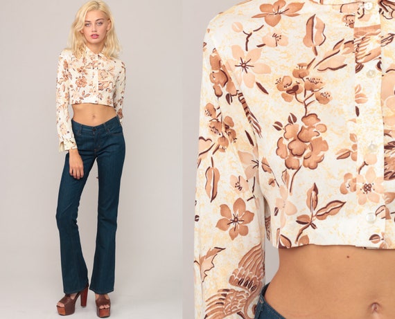 Bird Shirt Floral Blouse 70s Boho Crop Top PETER PAN COLLAR Top Button Up Shirt Hippie Long Sleeve 1970s Bohemian Vintage Retro Small Medium