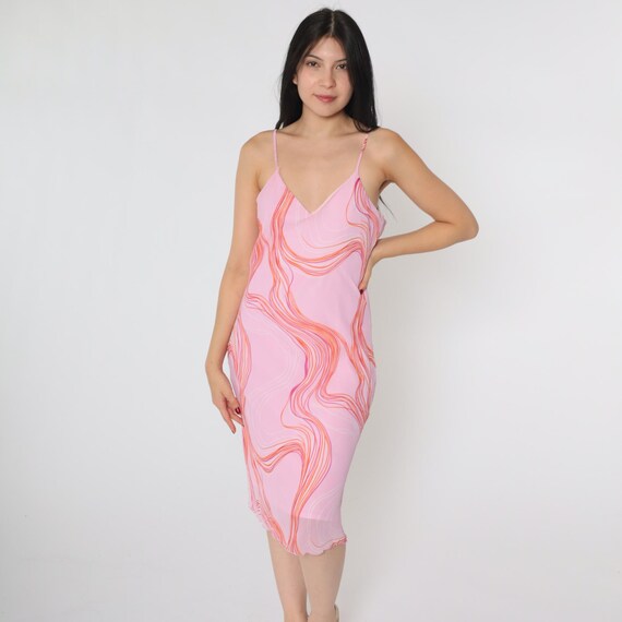 Vintage Chiffon Slip Dress Y2K Pink Abstract Swirl Print Spaghetti Strap Party Dress Midi Going Out V Neck Sundress 1990s Summer Medium 8
