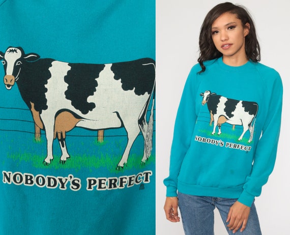 Jerzees Joke Sweatshirt NOBODY'S PERFECT 80s Cow J