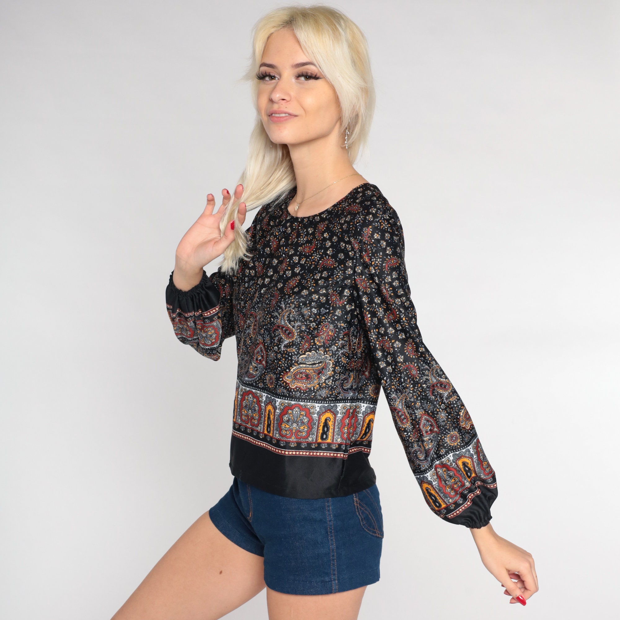 Paisley Peasant Blouse 70s Black Floral Top Long Balloon Sleeve Hippie