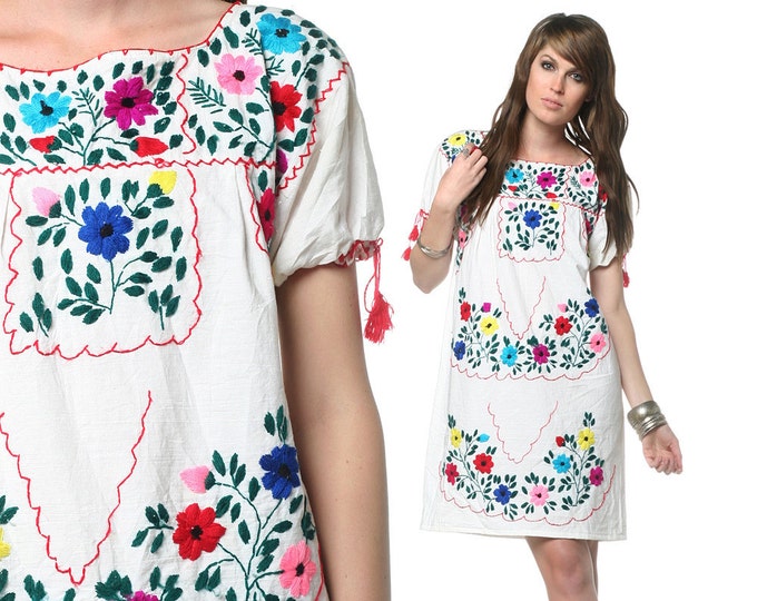 Embroidered Mexican Dress 60s 70s Hippie Boho Mini Floral Cotton Tunic ...