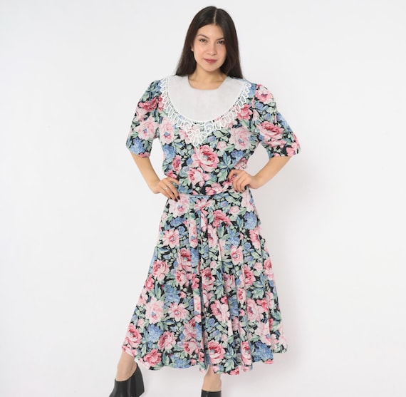 80s Floral Midi Dress Black Pink Rose Lace Collar Drop Waist Blouson Short Puff Sleeve Blue Green Prairie Cottagecore Garden Vintage Large L