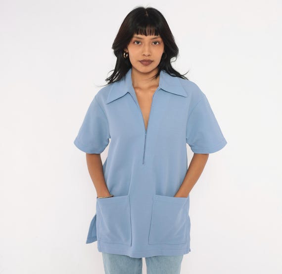 70s Powder Blue Top Quarter Zip Pointed Collar Short Sleeve Waffle Knit Patch Pocket Boxy Tunic Blouse Collared Shirt V Neck Vintage Medium