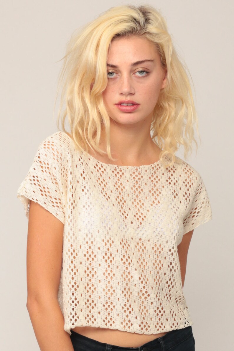 Lace Crop Top 90s Shirt Sheer Blouse Cut Out Top Grunge 1990s Vintage Cropped Shirt Cutout Off-White Retro Cap Sleeve Hipster Medium Large