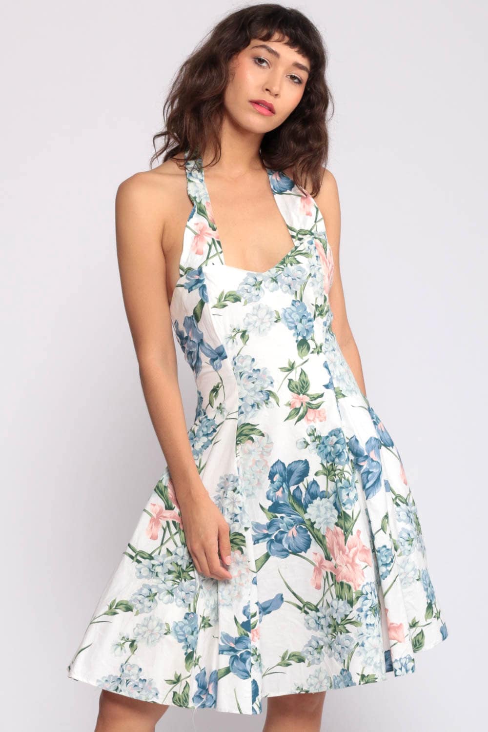 Summer Dress Floral Dress 80s Midi HALTER NECK Sundress Flower Print