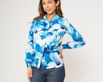 70s Floral Shirt Blue White Hawaiian Shirt Watercolor Blouse Disco Shirt Button Up Bohemian 1970s Hippie Vintage Long Sleeve Small