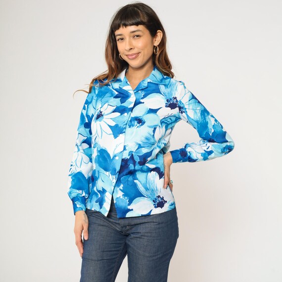 70s Floral Shirt Blue White Hawaiian Shirt Watercolor Blouse Disco Shirt Button Up Bohemian 1970s Hippie Vintage Long Sleeve Small