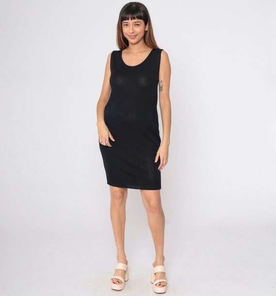 Little Black Dress 90s Knit Mini Dress DKNY Rayon Wool Blend Semi-Sheer Sleeveless Shift Dress Sheath Plain Vintage 1990s Donna Karan Medium