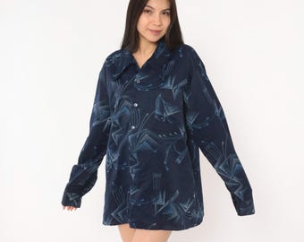 70s Abstract Geometric Shirt Blue Button Front Camp Collar Long Sleeve Relaxed Fit Slate Pattern Disco Era Unisex Vintage Top Blouse Large L