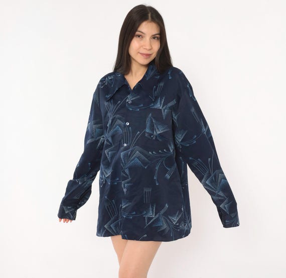 70s Abstract Geometric Shirt Blue Button Front Camp Collar Long Sleeve Relaxed Fit Slate Pattern Disco Era Unisex Vintage Top Blouse Large L