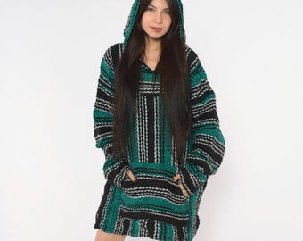90s Baja Hoodie Black Teal Stripe Drug Rug Mexican Kangaroo Pocket V Neck Long Sleeve Surf Skate Grunge Hippie Stoner Unisex Extra Large XL